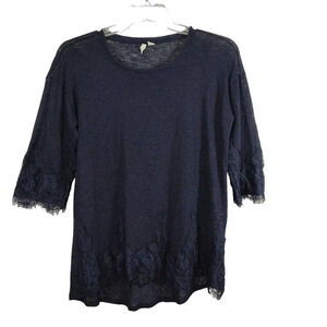 Cato Blue Knit Tunic Top Sheer Women Size M Lace Trim 3/4 Sleeve Casual Work